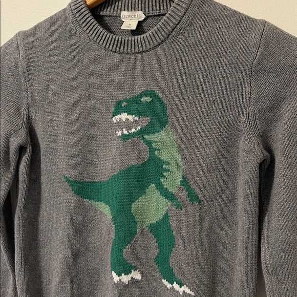 CREWCUTS Cotton Knit Dinosaur Crewneck Sweater Gray Green T-Rex Boys Medium - Picture 2 of 7